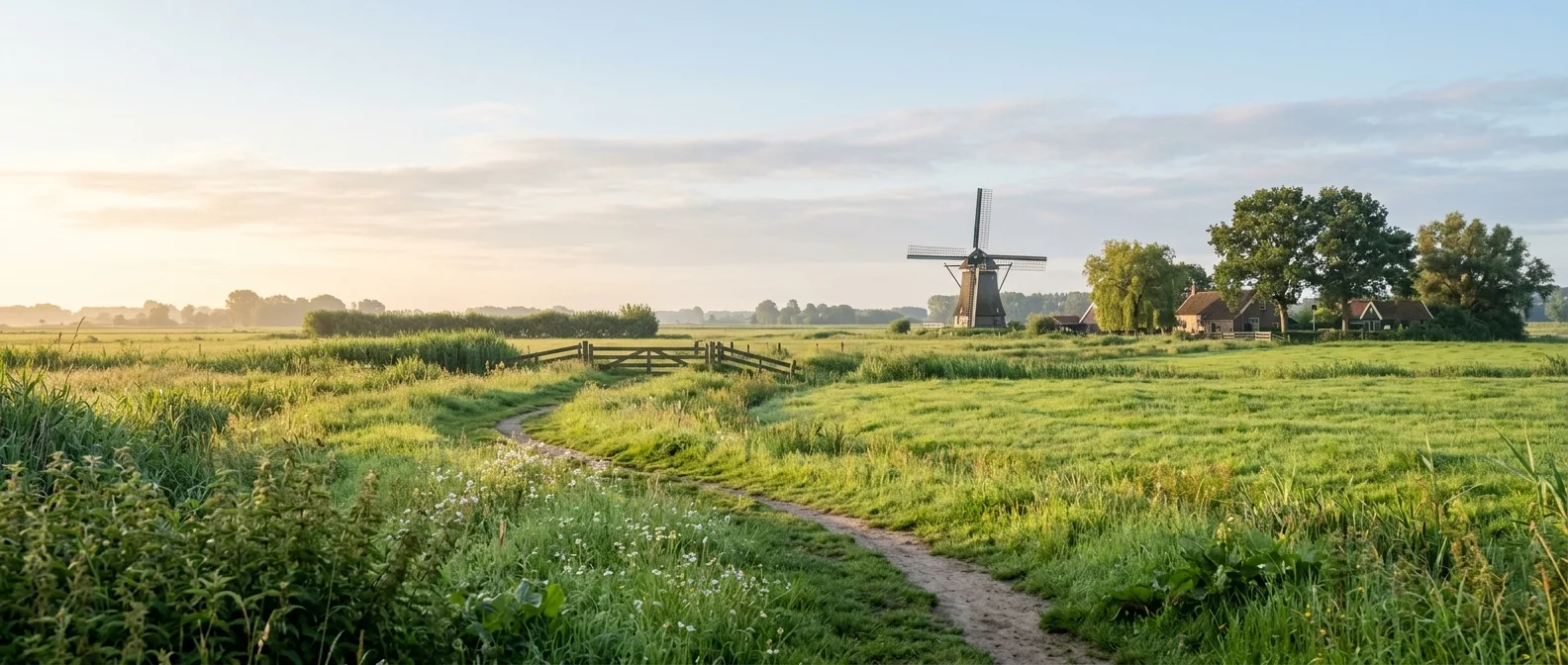 Groen hollands landschap bij zonsopkomst