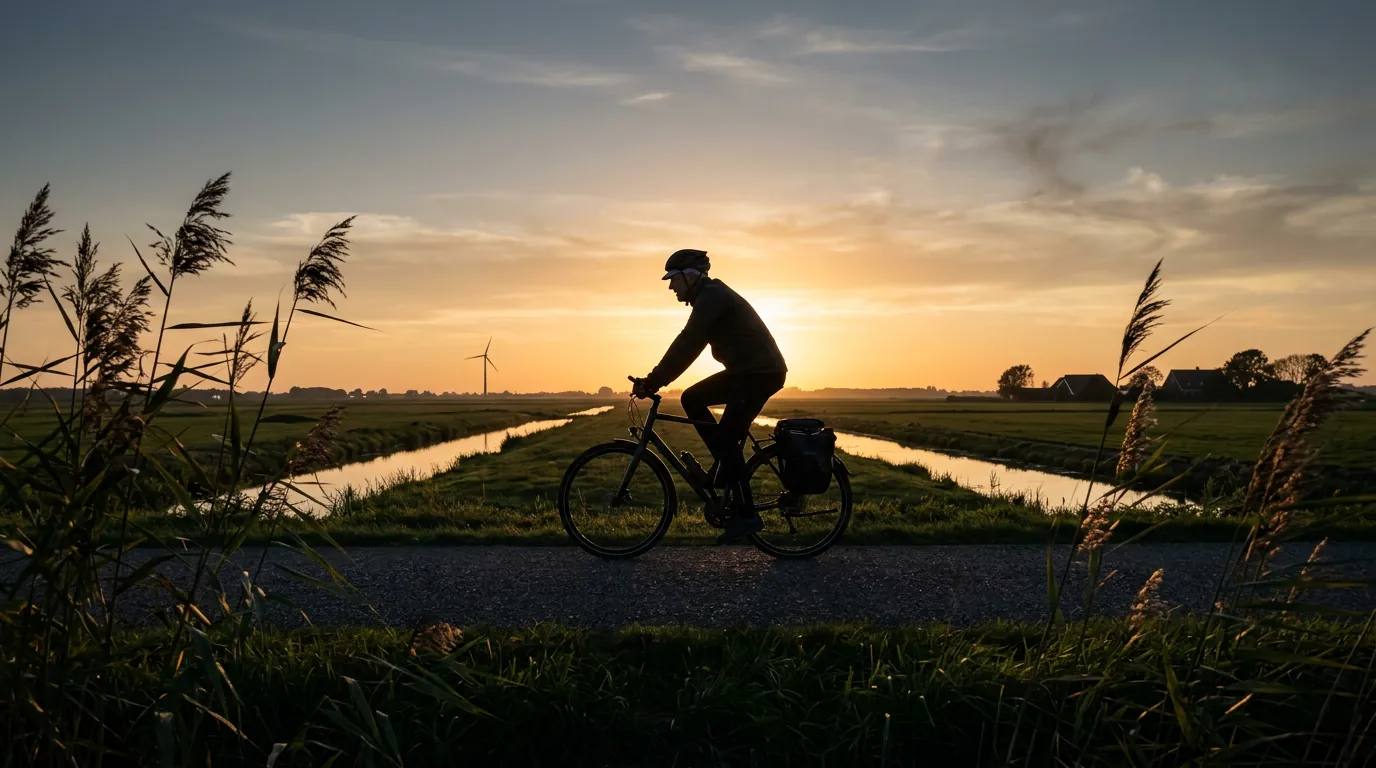 Silhouet van een actieve man op de fiets in hollands polderlandschap bij zonsondergang
